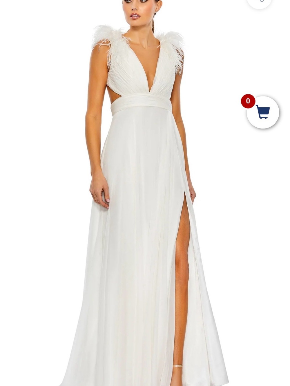 Mac Duggal White Feather-Shoulder V-Neck Maxi Gown